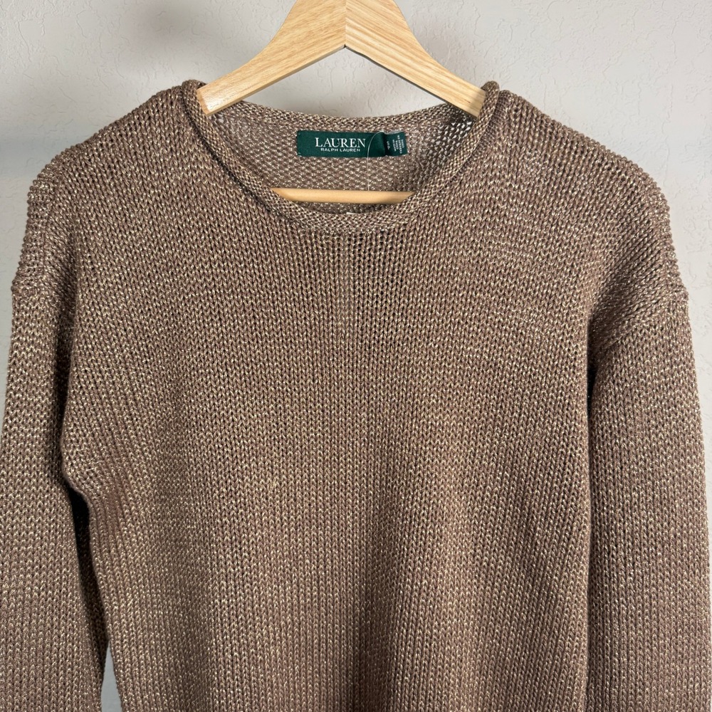 Lauren Ralph Lauren Womens Bronze Gold Metallic Knit Crew Neck Sweater SP - Picture 3 of 9